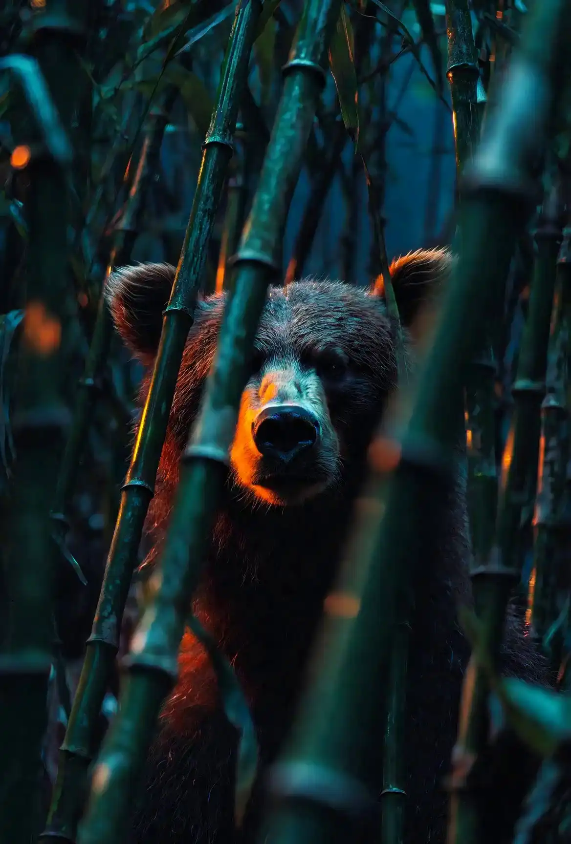 Grok Imagine Video 1.5 In the bamboo forest at night a brown bear is watching you AI video