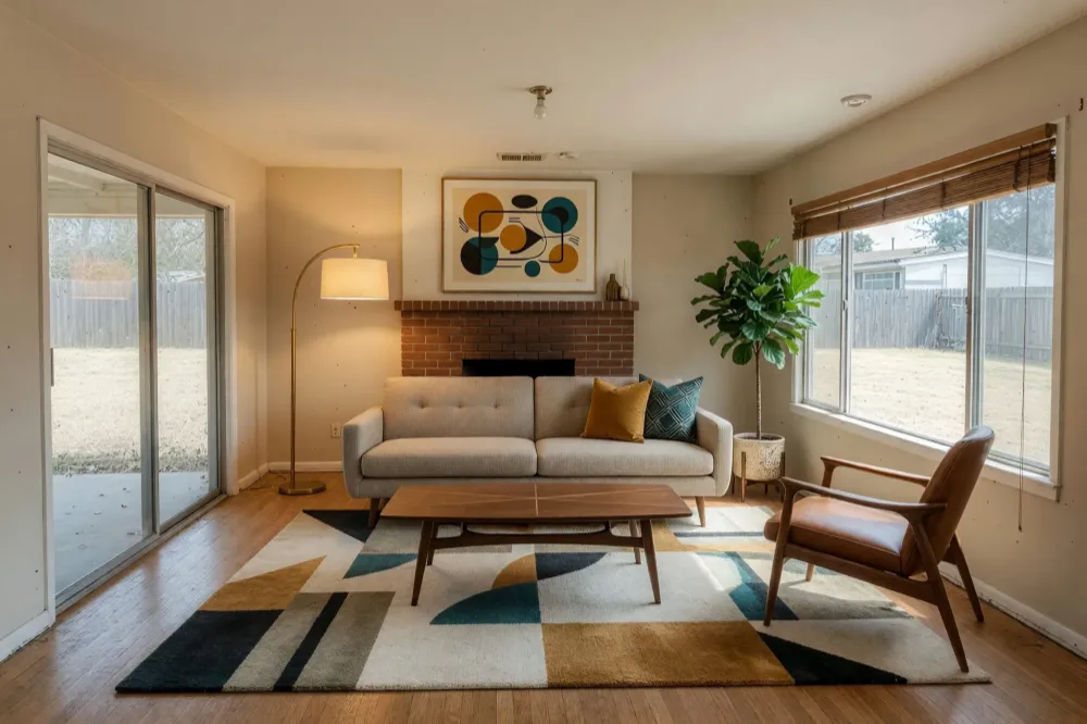 Empty room virtually staged with furniture and decor in Grok Imagine Image 2.0