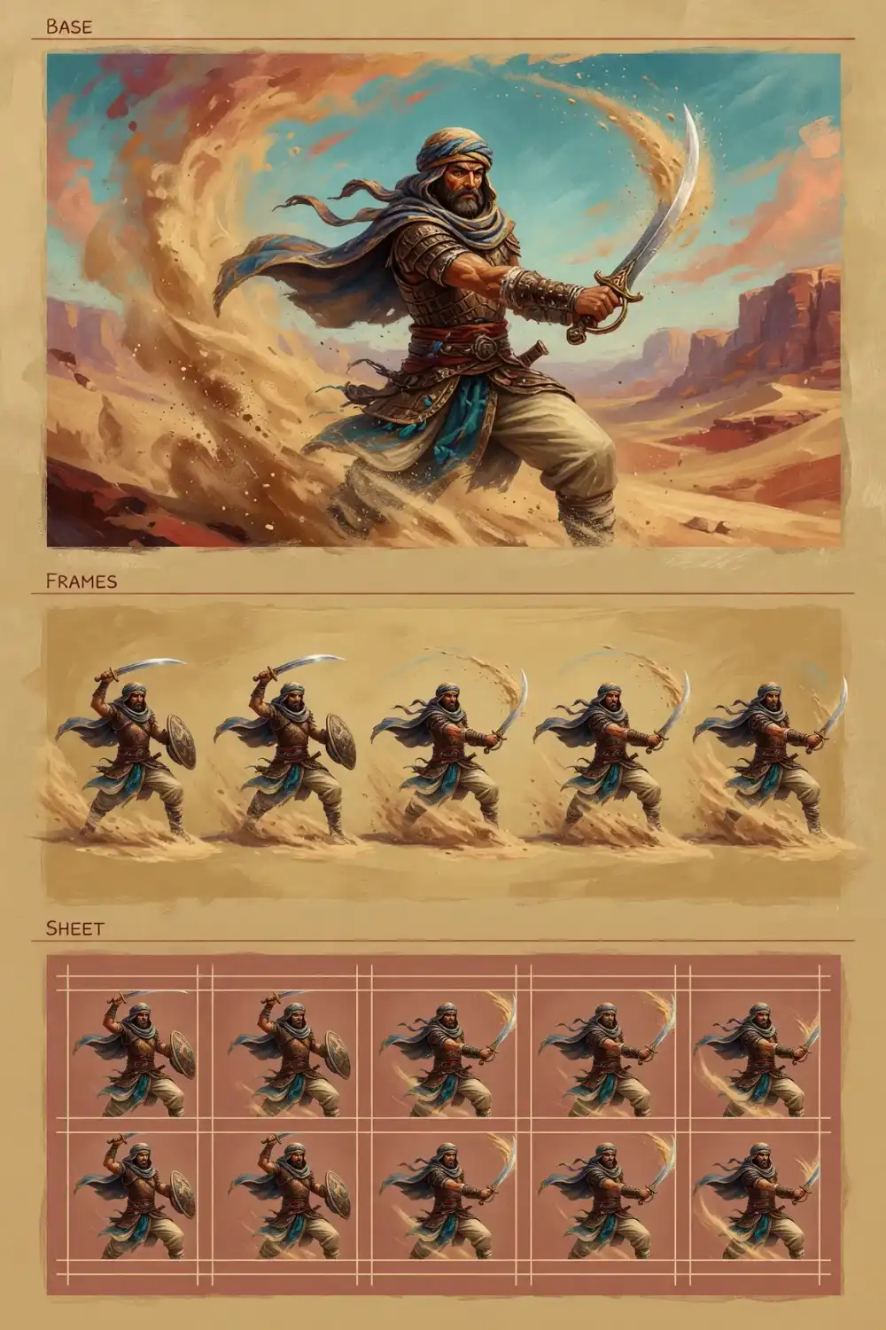 Game character render, motion clip, sprite sheet, and looping GIF generated by Grok Imagine Image 2.0